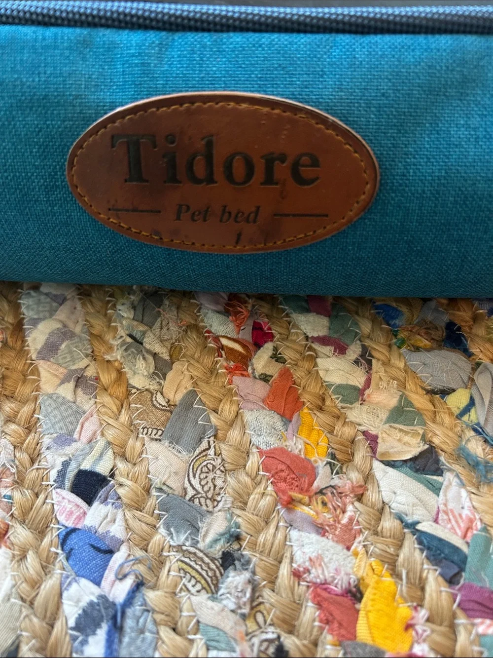 Teal Rectangular Pet Bed with Gray Plush Insert